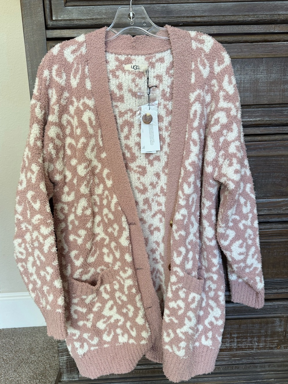 UGG Blush Pink and Cream Leopard Open-Front Cardigan / Size M / NWT